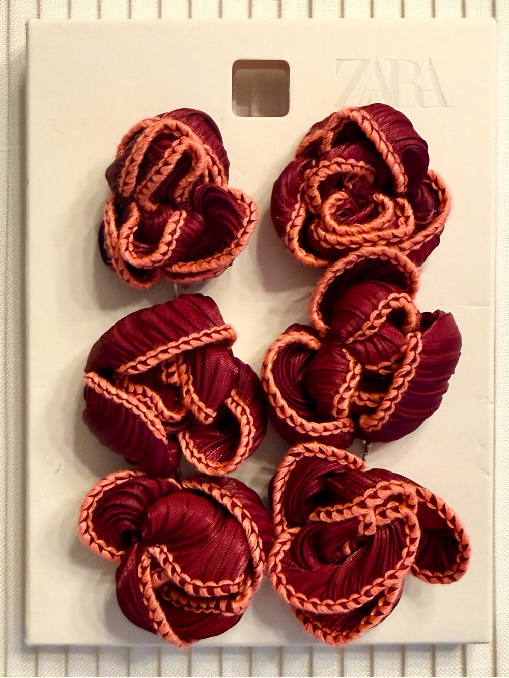ZARA Triple Drop Earrings Fabric Wine Color Butterfly Closure NIB